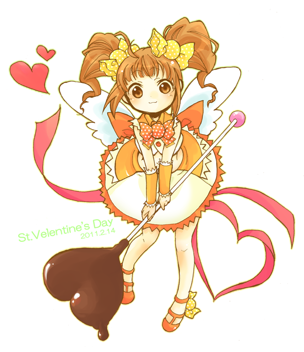 brown_eyes, brown_hair, candy, chocolate, eru_(fuerisuto), green_eyes, idolmaster, lollipop, long_hair, magical_girl, oversized_object, solo, sweet_break_girl_(idolmaster), takatsuki_yayoi, twintails, valentine