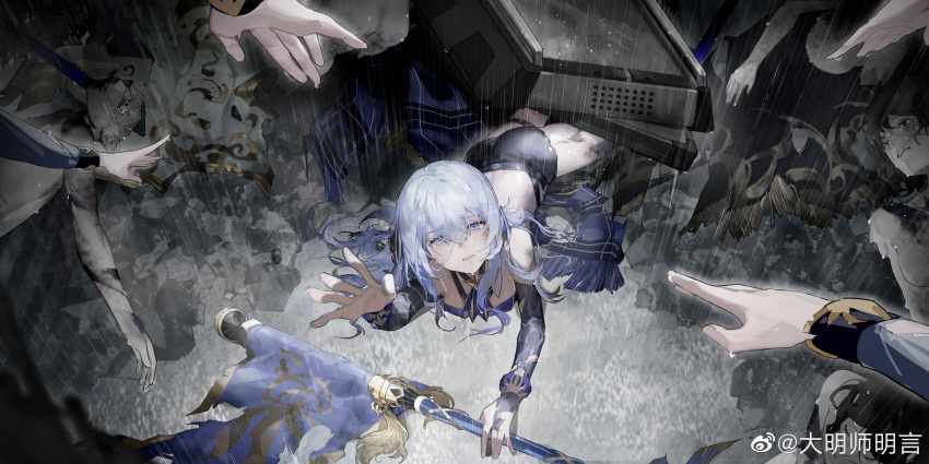 1girl, absurdres, blue_eyes, blue_hair, breasts, crying, crying_with_eyes_open, detached_sleeves