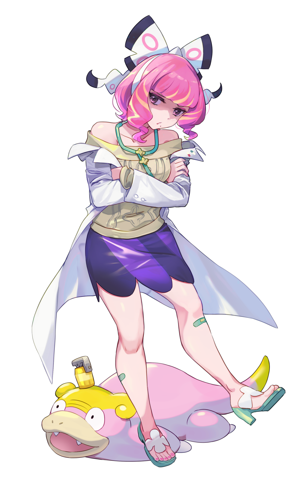 1girl, antidote_(pokemon), bandaid, bandaid_on_leg, bob_cut, bow, coat, cosplay, crossed_arms, drill_hair, eyeshadow, flipped_hair, galarian_slowpoke, hair_bow, hairband, highres, hsin, klara_(pokemon), lab_coat, makeup, miriam_(pokemon), miriam_(pokemon)_(cosplay), mole, mole_under_mouth, multicolored_hair, nail_polish, off-shoulder_sweater, off_shoulder, pencil_skirt, pink_eyeshadow, pink_hair, pink_lips, pink_nails, pokemon, pokemon_(creature), pokemon_sv, pokemon_swsh, sandals, shaded_face, short_hair, simple_background, skirt, solo, streaked_hair, striped_clothes, striped_skirt, sweater, toenail_polish, toenails, toes, twin_drills, violet_eyes, white_background, white_bow, white_hairband