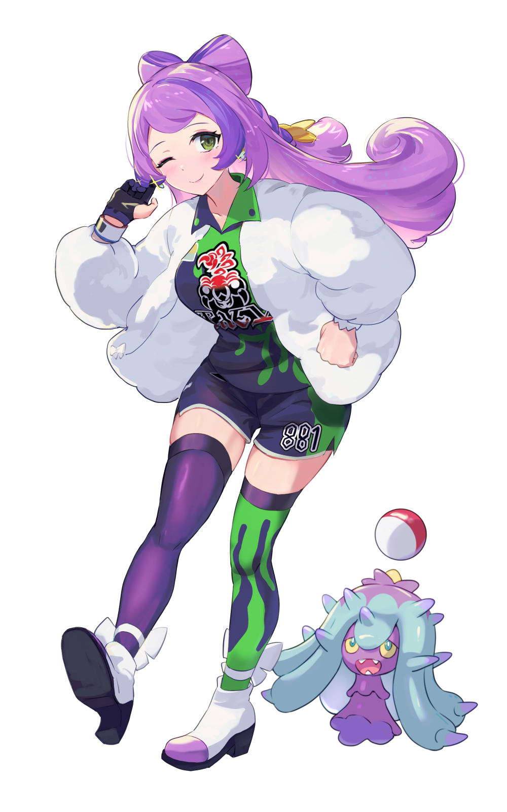 1girl, asymmetrical_legwear, bow, bracelet, coat, cosplay, dynamax_band, earrings, eyeshadow, fur_coat, gloves, green_eyes, hair_bow, hairband, highres, hsin, jewelry, klara_(pokemon), klara_(pokemon)_(cosplay), lab_coat, long_hair, makeup, mareanie, miriam_(pokemon), mismatched_legwear, multicolored_hair, one_eye_closed, pink_eyeshadow, pink_lips, poke_ball, poke_ball_(basic), pokemon, pokemon_sv, pokemon_swsh, print_shirt, print_thighhighs, purple_hair, shirt, shorts, side_slit, side_slit_shorts, simple_background, single_glove, smile, solo, streaked_hair, swept_bangs, thigh-highs, white_background
