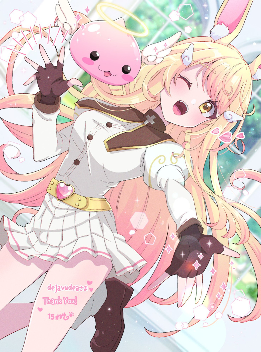 1girl, angel_wings, angeling, animal_ears, artist_request, belt, blonde_hair, blush, breasts, brown_gloves, brown_shoes, buckle, buttons, commentary, commission, dejavudea, dress, dutch_angle, english_commentary, fingerless_gloves, foot_out_of_frame, game_master_(ragnarok_online), gloves, halo, heart, heart-shaped_buckle, highres, indie_virtual_youtuber, juliet_sleeves, long_hair, long_sleeves, looking_at_viewer, medium_breasts, one_eye_closed, open_mouth, pleated_dress, puffy_sleeves, rabbit_ears, rabbit_girl, ragnarok_online, shoes, smile, socks, solo, traditional_halo, white_dress, white_socks, window, wings, yellow_belt, yellow_eyes, yellow_halo