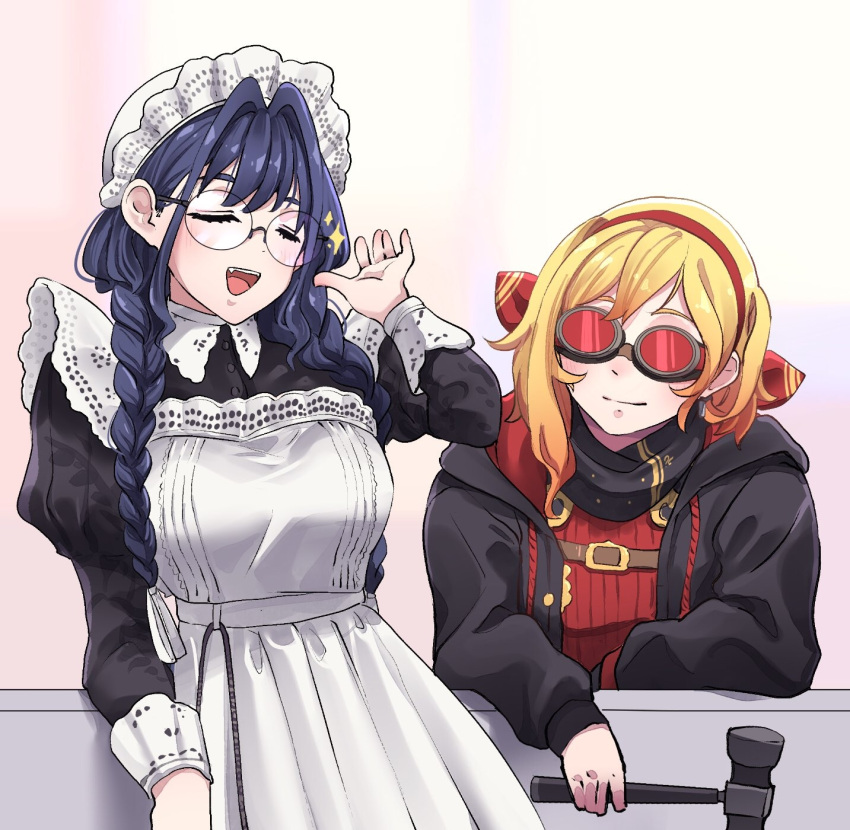 2girls, against_fence, alilippoi, apron, bandana, black_dress, black_jacket, black_scarf