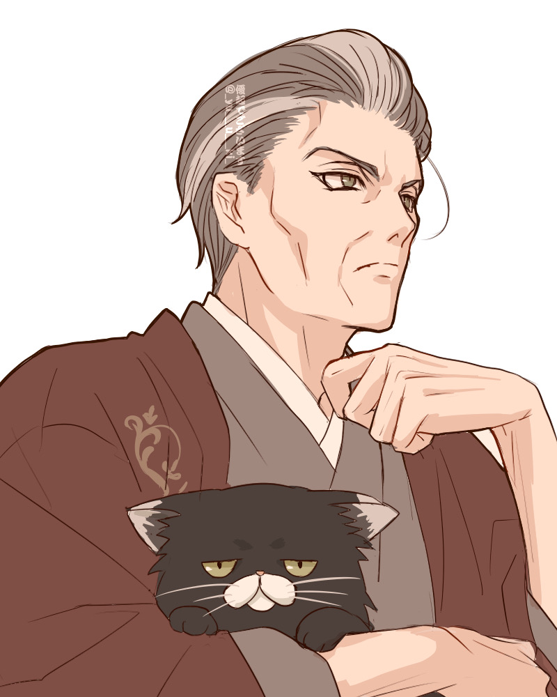 1boy, animal, brown_coat, cat, coat, commentary_request, green_eyes, grey_hair