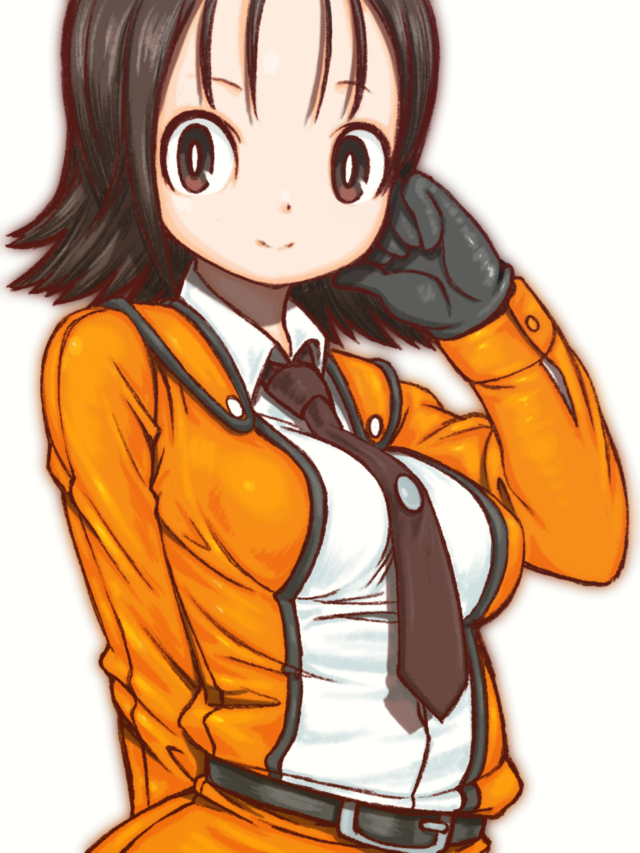 1girl, arm_behind_back, beeru_(veil8801), belt, belt_buckle, black_belt, black_eyes, black_gloves