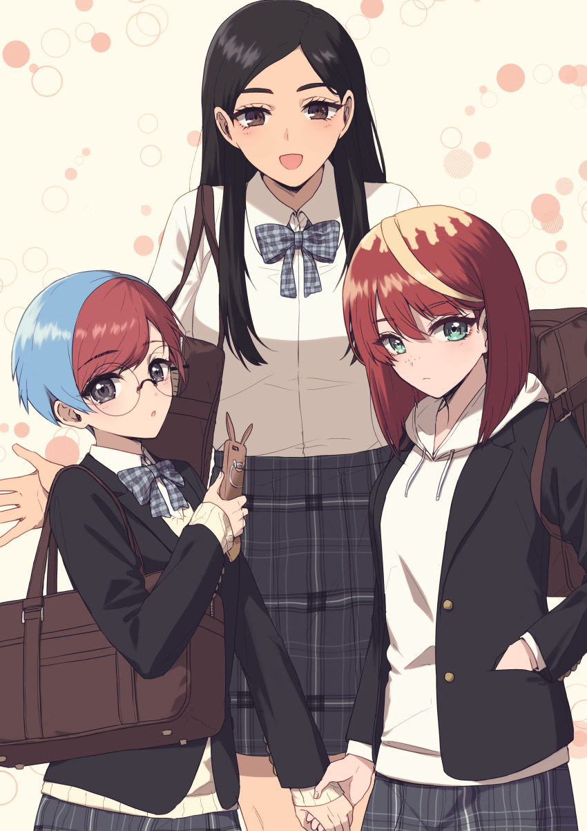 3girls, :d, :o, absurdres, ahoge, alternate_costume, black_hair, black_jacket, blonde_hair, blue_hair, blush, bow, brown_bag, brown_eyes, cellphone, closed_mouth, collared_shirt, commentary_request, eri_(pokemon), eyelashes, freckles, glasses, green_eyes, grey_eyes, hand_in_pocket, highres, holding, holding_hands, holding_phone, hood, hood_down, hoodie, jacket, long_hair, long_sleeves, medium_hair, mela_(pokemon), multicolored_hair, multiple_girls, official_alternate_hairstyle, open_clothes, open_jacket, open_mouth, penny_(pokemon), phone, plaid_bow, plaid_clothes, plaid_skirt, pokemon, pokemon_sv, red_hair, rotom, rotom_phone, round_eyewear, shirt, short_hair, skirt, smartphone, smile, suzukinoko1021, team_star, two-tone_hair, very_short_hair, white_hoodie, white_shirt