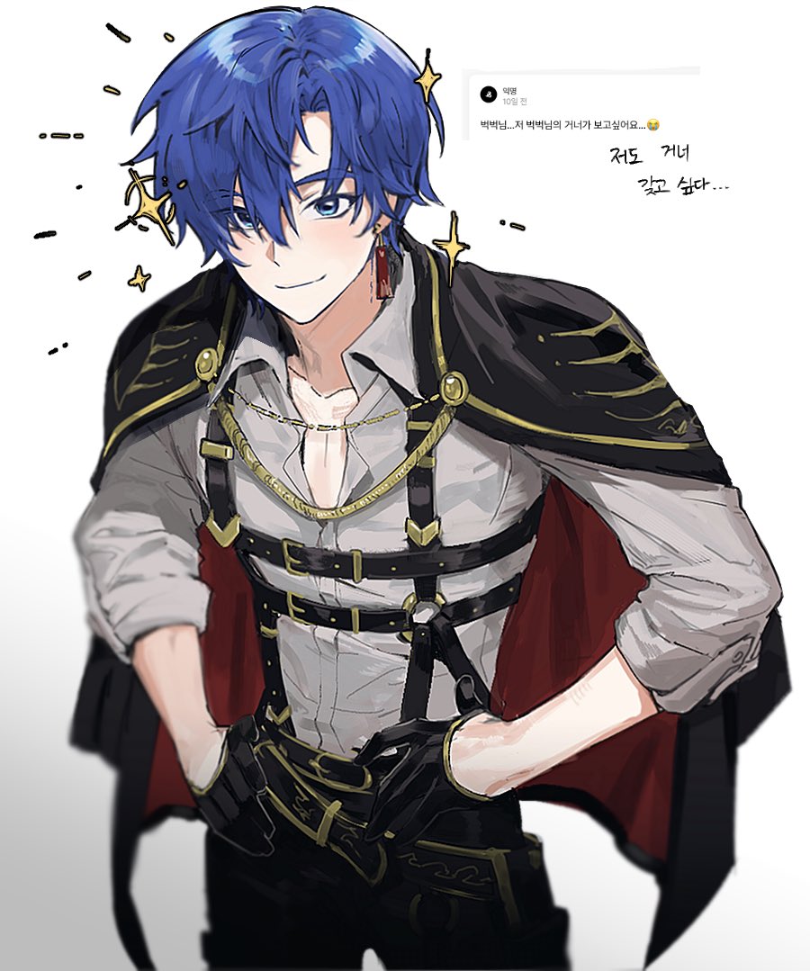 1boy, belt, black_belt, black_gloves, black_pants, blue_eyes, blue_hair, buckto