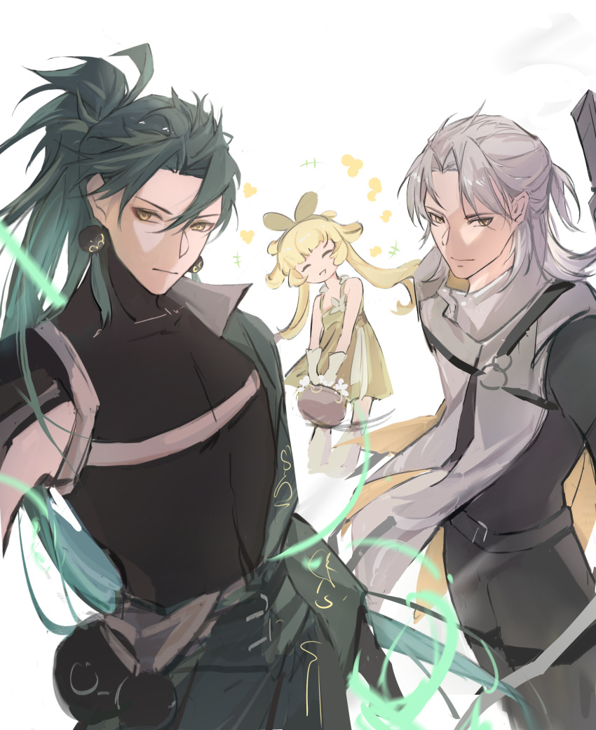 1girl, 2boys, aalto_(wuthering_waves), absurdres, black_pants, black_shirt, blonde_hair, chinese_clothes