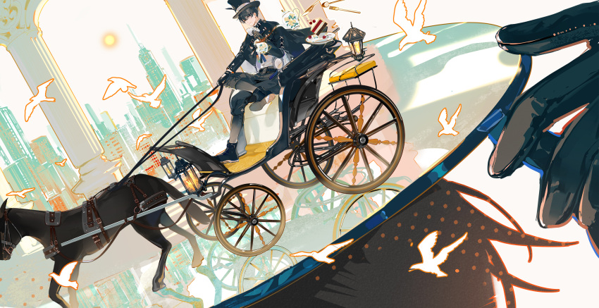 1boy, 1other, belt, bird, black_belt, black_hair, black_hat, black_jacket