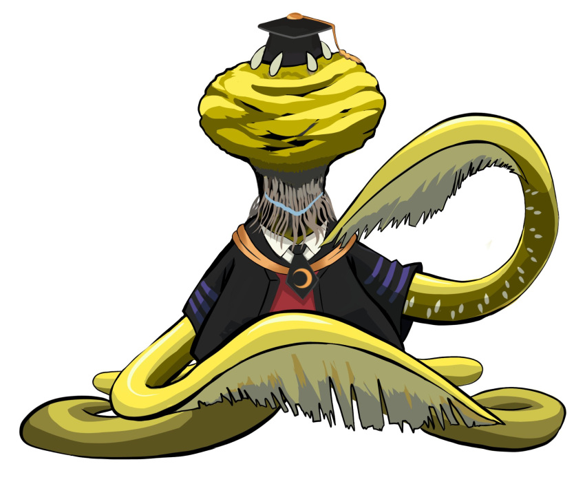 ansatsu_kyoushitsu, claws, cosplay, fangs, hat, highres, komagome, koro-sensei, koro-sensei_(cosplay), looking_at_viewer, monster_hunter_(series), necktie, no_humans, octopus, shirt, simple_background, solo, spikes, tentacles, white_background, xu_wu_(monster_hunter)