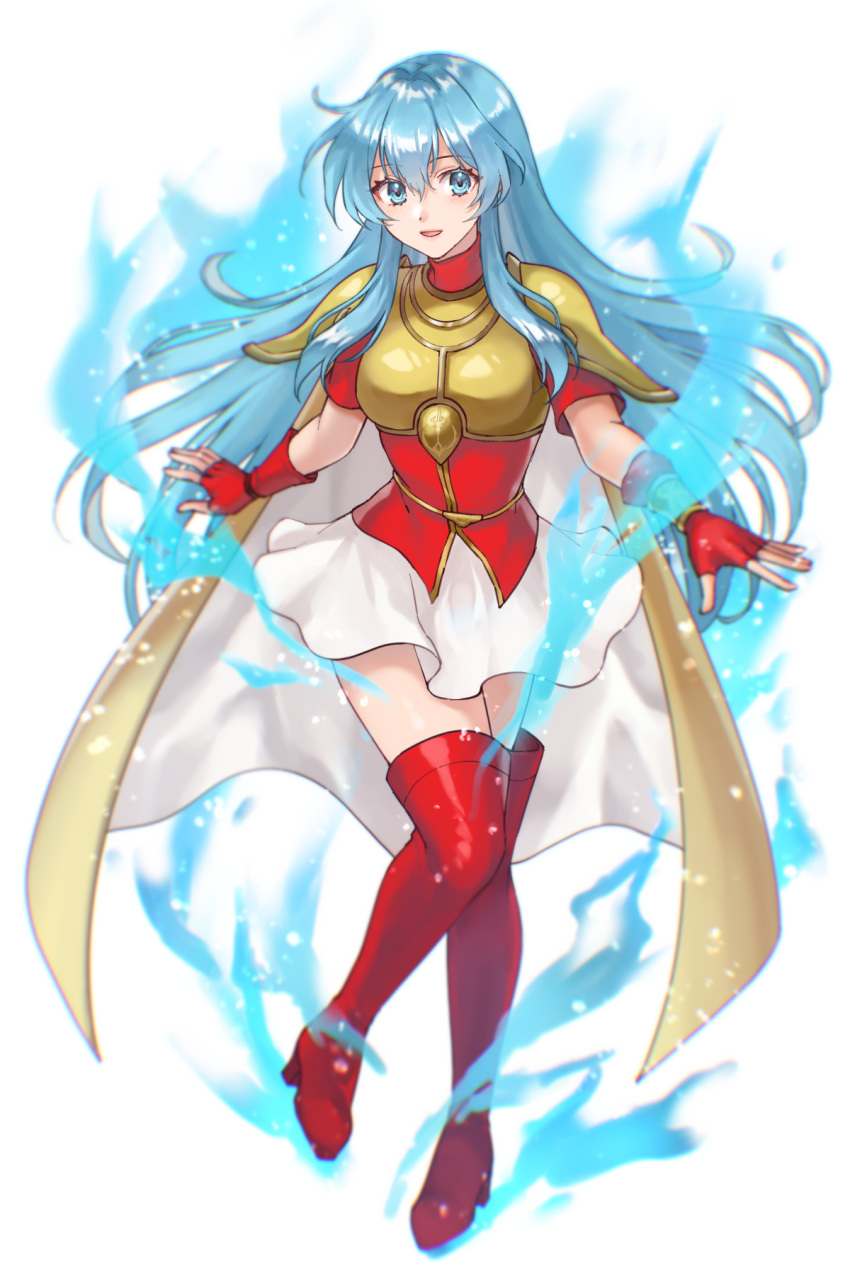 1girl, :d, aqua_eyes, aqua_hair, armor, boots, bracelet, breastplate