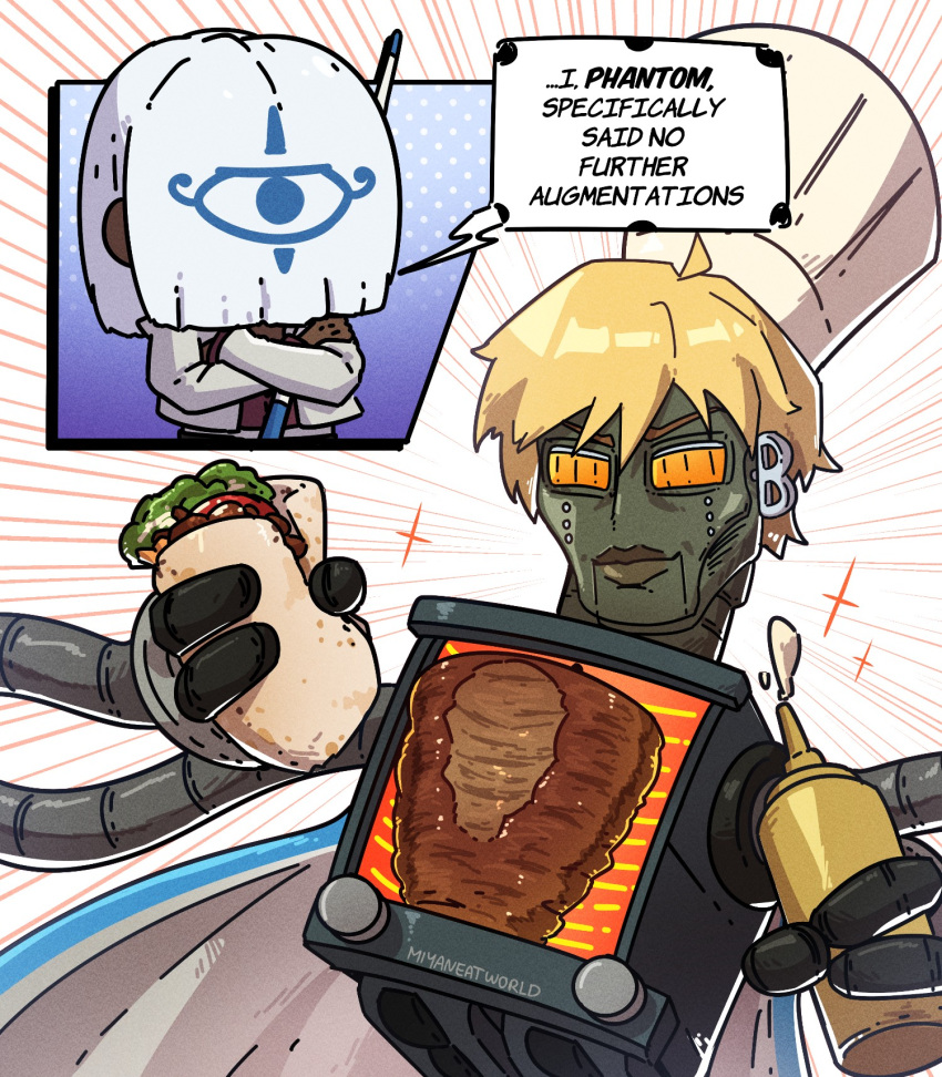 2boys, android, artist_name, blonde_hair, bottle, chef_hat, commentary, dark-skinned_male, dark_skin, doner_kebab, english_commentary, english_text, expressive_hair, food, guilty_gear, guilty_gear_strive, hair_over_face, hat, highres, holding, holding_bottle, holding_food, lips, long_sleeves, meme, miyan_(oceanmaiden), multiple_boys, robo-ky, shawarmachine_(meme), speech_bubble, venom_(guilty_gear)