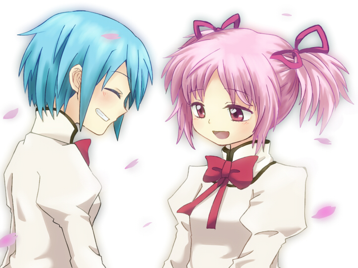 bad_id, blue_hair, bust, closed_eyes, eyes_closed, grin, kaname_madoka, komeichou-69