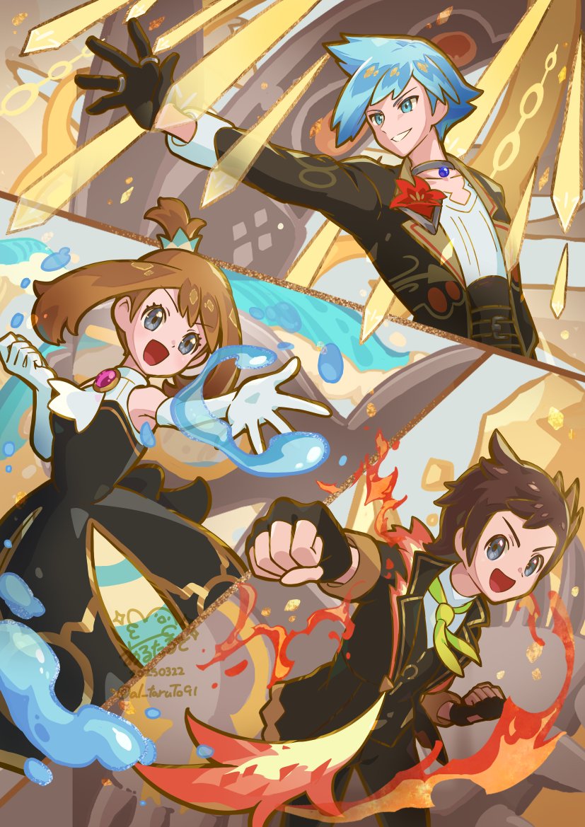 1girl, 2boys, :d, arutarika_(ri_kaoekaki), ascot, black_dress, black_gloves, black_jacket