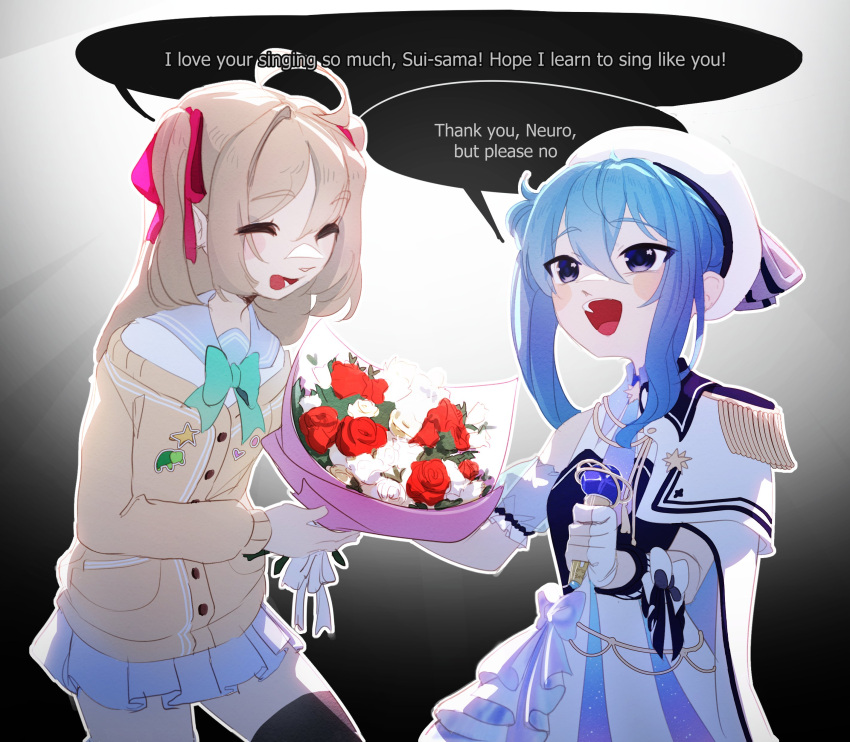 2girls, absurdres, ahoge, aqua_bow, aqua_bowtie, ascot, beret, black_thighhighs