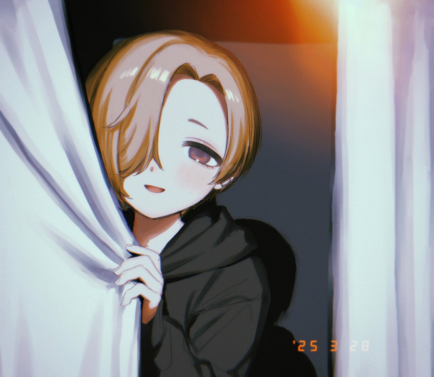 1girl, asymmetrical_bangs, behind_curtains, birthday, black_hoodie, blonde_hair, blush, chiyoko_(tykchiyo)