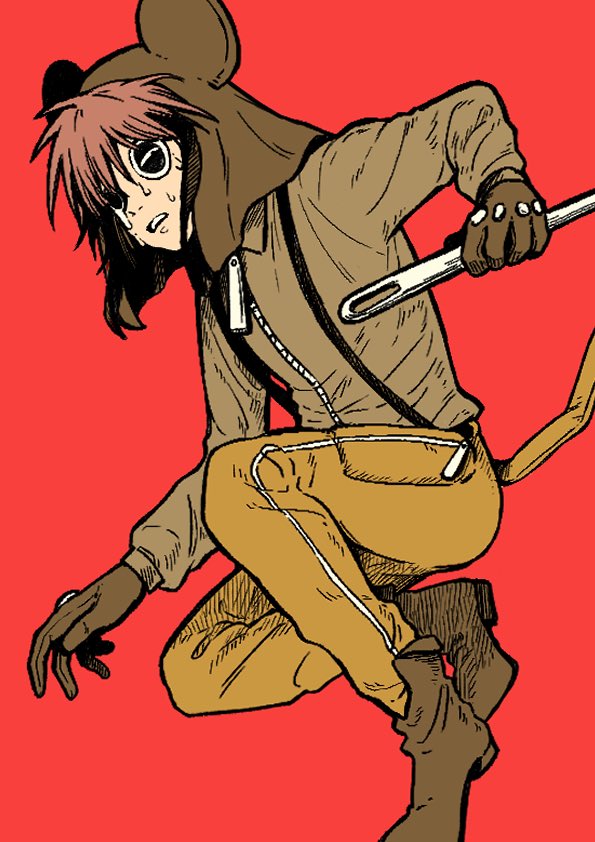 1boy, 6yo2u2, black_eyes, boots, brown_gloves, brown_hair, brown_jacket, commentary_request, fake_tail, gloves, holding, holding_needle, jacket, looking_at_viewer, male_focus, military_uniform, mouse_hat, needle, parted_lips, present_day_problem_takeuchi_robert, randal's_friends, red_background, sewing_needle, short_hair, simple_background, solo, squatting, suspenders, sweat, tail, teardrop