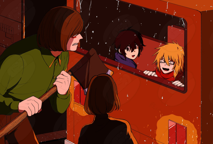 4boys, 6yo2u2, after_rain, aged_down, axe, axe_luther, black_eyes, blue_scarf