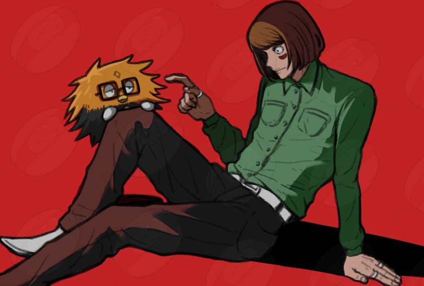 1boy, 6yo2u2, black_eyes, brothers, brown_hair, furby, glasses, green_shirt