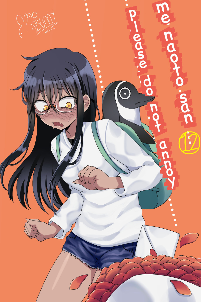 1girl, absurdres, alternate_universe, backpack, bag, black_hair, blush, bouquet