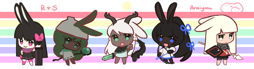 5girls, :3, ancient_rabbit, animal_ears, antlers, araiyme, armor, black_hair