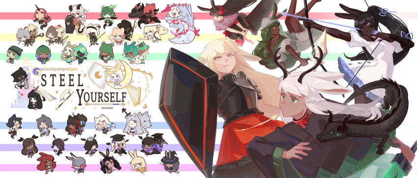 6+girls, absolutely_everyone, ancient_rabbit, animal_ears, antennae, antlers, araiyme, armor, arrow_(projectile), asha_the_shopkeeper_cat, assassin_rabbit, aus_the_axewielder_mouse, avy_the_starry_frog, azel_the_whispering_crow, bella_the_seeker_crow, bird, bird_girl, black_capelet, black_hair, black_hairband, black_horns, black_skin, black_wings, blonde_hair, blush_the_painter_frog, bow_(weapon), breastplate, bruiser_rabbit, capelet, cat_ears, cat_girl, chibi, chibi_inset, closed_mouth, colored_skin, commentary, crow, dancer_rabbit, dark-skinned_female, dark_skin, defender_rabbit, detached_wings, dragon, dragon_girl, drawing_bow, dress, druid_rabbit, elta_the_woodcane_mouse, english_commentary, english_text, everyone, floppy_ears, frog, frog_girl, frown, full_body, greatsword, green_eyes, green_horns, grey_hair, hairband, halo, harp, hat, heavyblade_rabbit, highres, holding, holding_bow_(weapon), holding_polearm, holding_shield, holding_staff, holding_sword, holding_weapon, horns, illie_the_emerald_dragon, instrument, jackalope_girl, jay_the_musician_frog, karsi_the_ruby_dragon, kuu_the_silver_dragon, lette_the_songstress_frog, lonely_rabbit, long_hair, long_sleeves, matti_the_paladin_mouse, mav_the_seamstress_frog, maxi_the_crafter_frog, meg_the_rosemage_mouse, menna_the_studious_crow, merran_the_steeltooth_wolf, mink_the_greyeyed_wolf, mortarboard, mouse_girl, multiple_girls, nimi_the_archer_mouse, on_crescent, one_eye_closed, open_mouth, orn_the_oakspear_mouse, pi_the_golden_dragon, pin_the_blackshield_mouse, pointy_ears, polearm, puffy_short_sleeves, puffy_sleeves, rabbit_and_steel, rabbit_girl, rabbit_of_the_moon_shira, ran_the_bluepawed_wolf, ranalie_the_mythril_dragon, red_hair, red_horns, rem_the_sooteared_wolf, saya_the_archon_crow, shield, short_sleeves, smile, sniper_rabbit, sohko_the_granite_dragon, spear, spellsword_rabbit, spiked_halo, staff, sword, tassha_the_snowfur_wolf, tomato, twili_the_valedictorian_crow, twintails, varo_the_commander_mouse, very_dark_skin, weapon, white_dress, white_skin, wings, wizard_rabbit, wolf_girl, xin_the_redclawed_wolf, yellow_halo