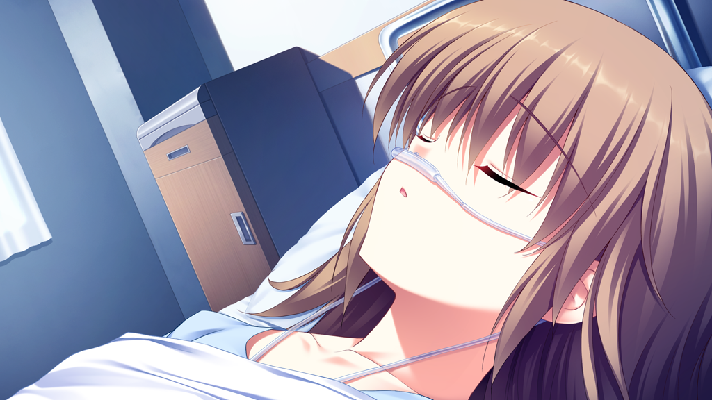 1girl, bed, breathing, brown_hair, closed_eyes, collarbone, fumio_(ura_fmo), game_cg