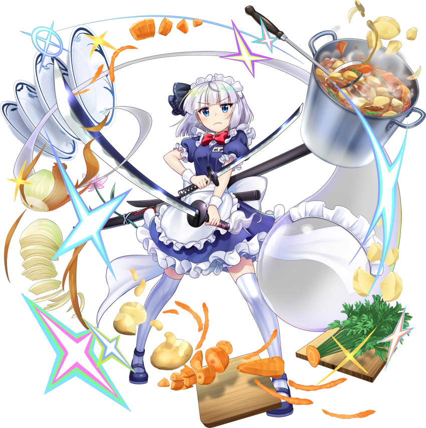 1girl, ahoge, alternate_costume, apron, black_shoes, blue_eyes, blunt_bangs, bow, bowtie, carrot, character_name, closed_mouth, cooking_pot, cutting_board, dual_wielding, food, full_body, game_cg, ghost, grey_hair, highres, holding, holding_sword, holding_weapon, katana, konpaku_youmu, konpaku_youmu_(ghost), konpaku_youmu_(shivering_maid_samurai), looking_at_viewer, maid, maid_headdress, multiple_swords, name_tag, official_art, onion, plate, potato, puffy_short_sleeves, puffy_sleeves, red_bow, red_bowtie, rotte_(1109), shoes, short_hair, short_sleeves, solo, soup, sword, thigh-highs, third-party_source, touhou, touhou_lostword, transparent_background, unsheathed, v-shaped_eyebrows, waist_apron, weapon, white_apron, white_thighhighs