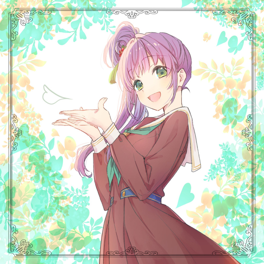 1girl, :d, aqua_butterfly, aqua_neckerchief, blush, border, brown_dress, commentary