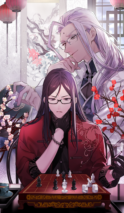 2boys, bead_bracelet, beads, bishounen, black-framed_eyewear, black_eyes, black_gloves, black_hair