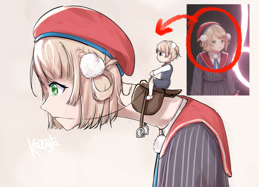 1girl, absurdres, artist_name, beret, blonde_hair, body_horror, chibi, dual_persona, green_eyes, hat, highres, indie_virtual_youtuber, kirigayawin, meme, pinstripe_pattern, red_hat, reference_inset, saddle, shigure_ui_(vtuber), shigure_ui_(vtuber)_(1st_costume), shigure_ui_(vtuber)_(young), slouching_shigure_ui_(meme)