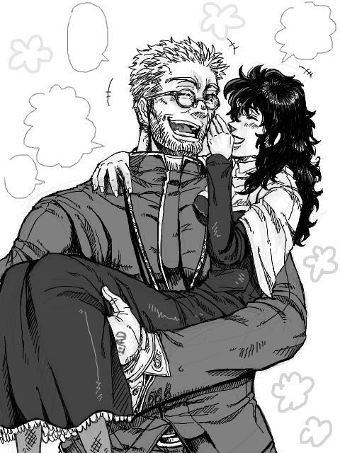 1boy, 1girl, alexander_anderson, black_hair, carrying, carrying_person, glasses, gloves