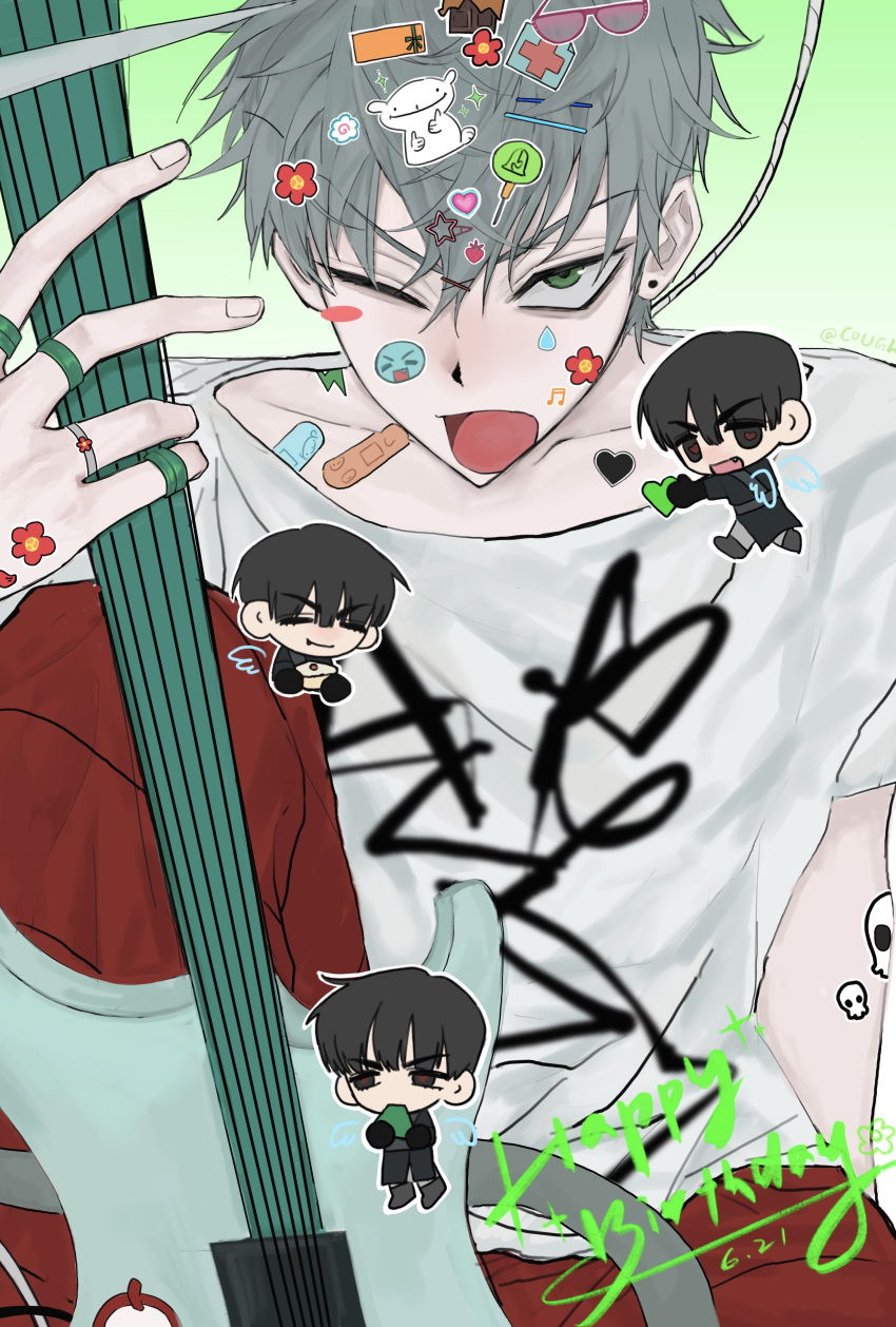 2boys, absurdres, alien_stage, bandaid, beamed_eighth_notes, birthday, black_eyes, black_hair