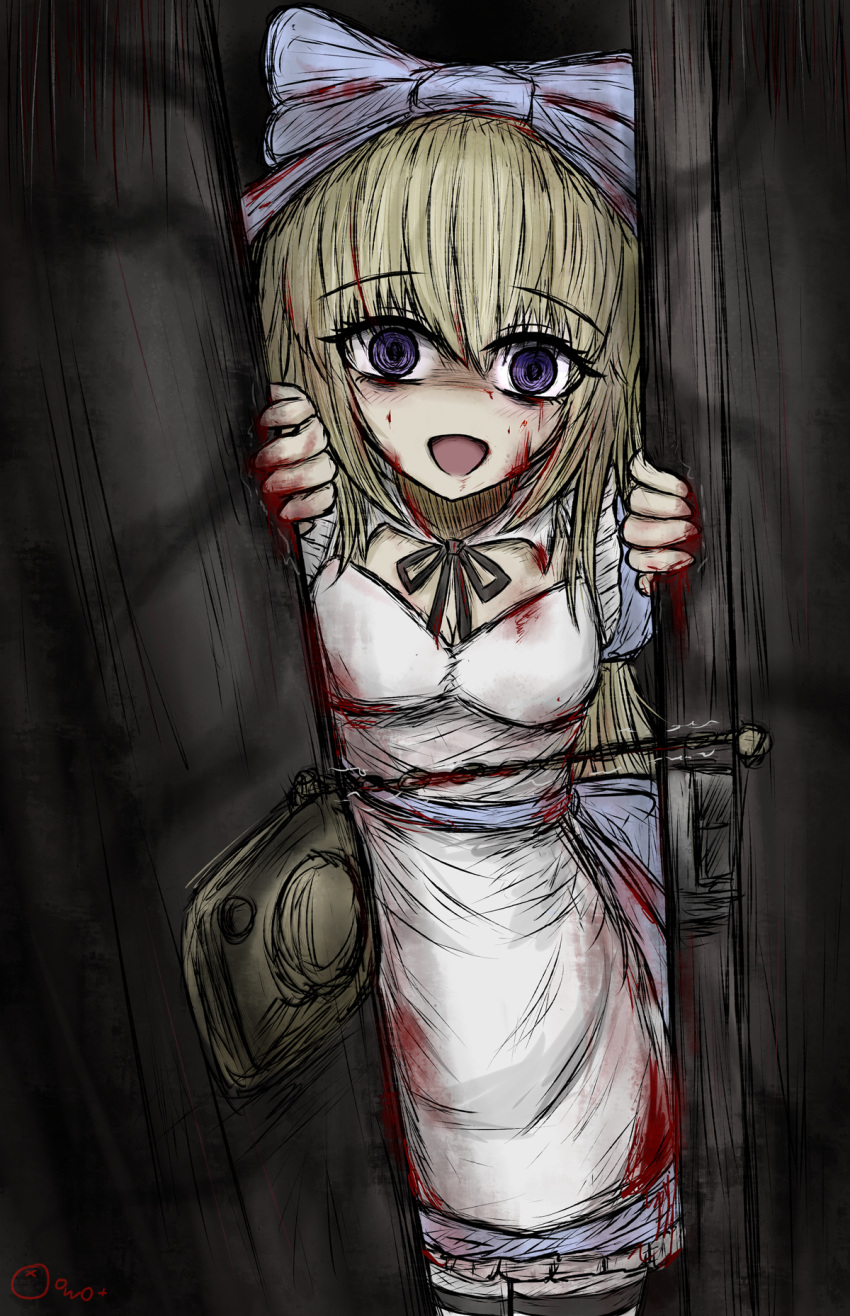 1girl, :d, alice_(black_souls), apron, black_souls, black_souls_2, blonde_hair, blood