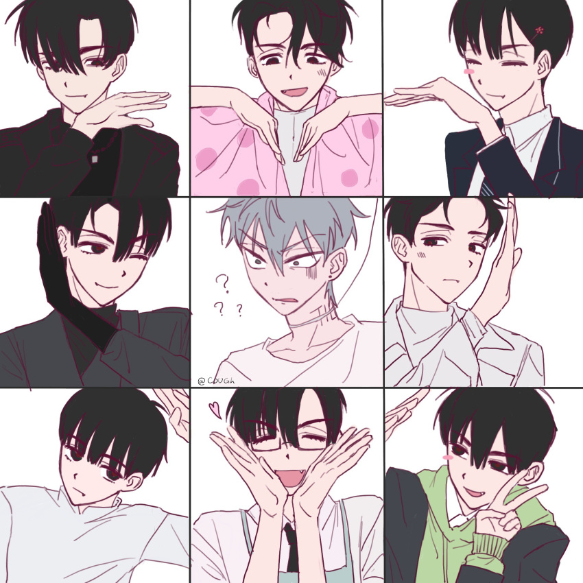2boys, ?, ??, alien_stage, apron, black_eyes, black_gloves, black_hair, black_jacket, black_necktie, black_shirt, blue_apron, c0ugh, chinese_commentary, choker, collared_shirt, commentary, earrings, fang, glasses, gloves, green_eyes, green_hoodie, grey_hair, hair_ornament, hairclip, heart_arms_team, highres, hood, hoodie, ivan_(alien_stage), jacket, jacket_over_hoodie, jewelry, male_focus, multiple_boys, necktie, polka_dot_towel, red_pupils, shirt, till_(alien_stage), towel, towel_around_neck, turtleneck, turtleneck_shirt, white_shirt