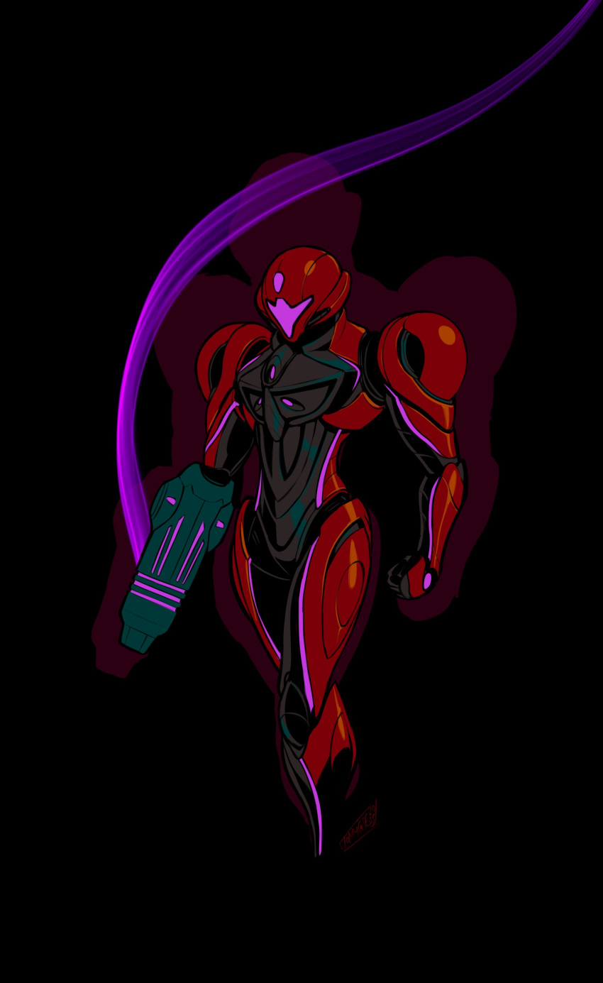 1girl, absurdres, arm_cannon, armor, assault_visor, black_background, full_armor, helmet