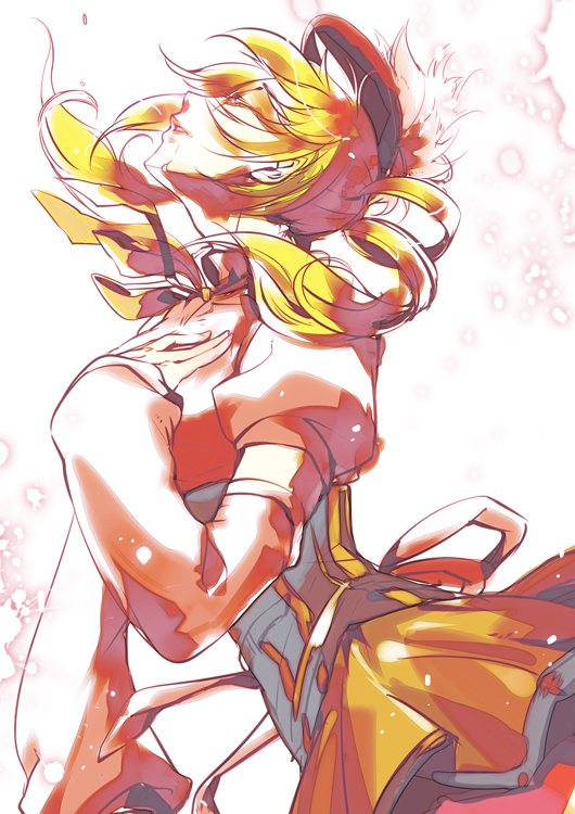 blonde_hair, closed_eyes, drill_hair, eyes_closed, floating_hair, hand_on_chest, hand_on_own_chest, hand_to_chest