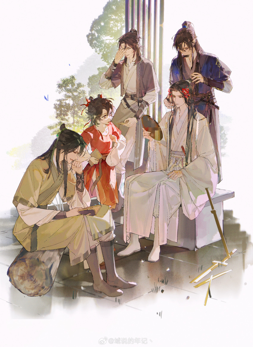 1girl, 4boys, absurdres, black_hair, black_sash, blue_hanfu, book, boots