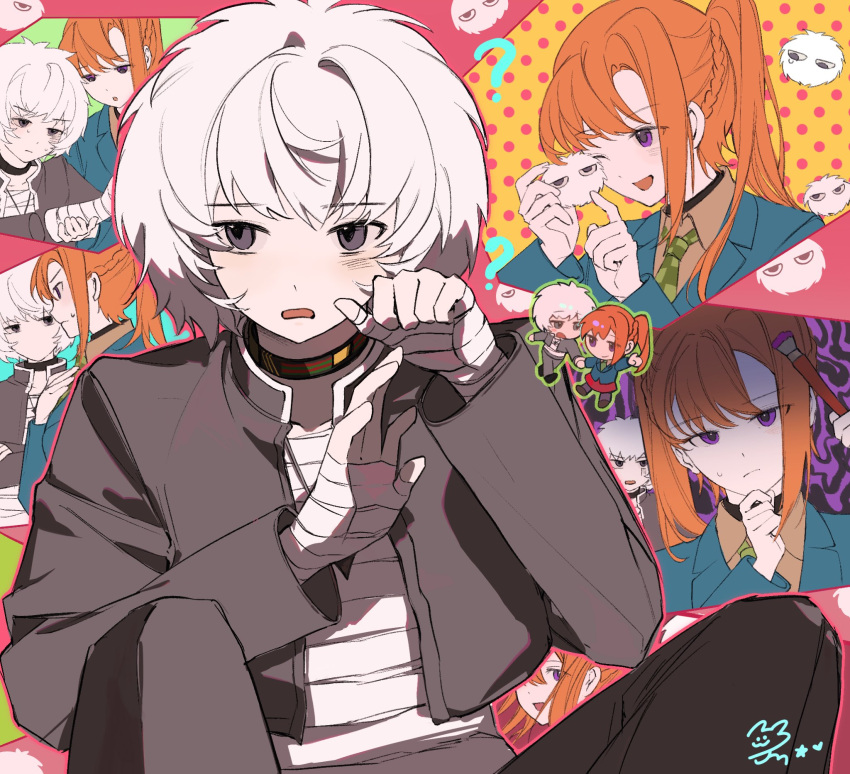 1boy, 1girl, ?, asymmetrical_bangs, bandaged_hand, bandaged_torso, bandages, black_jacket