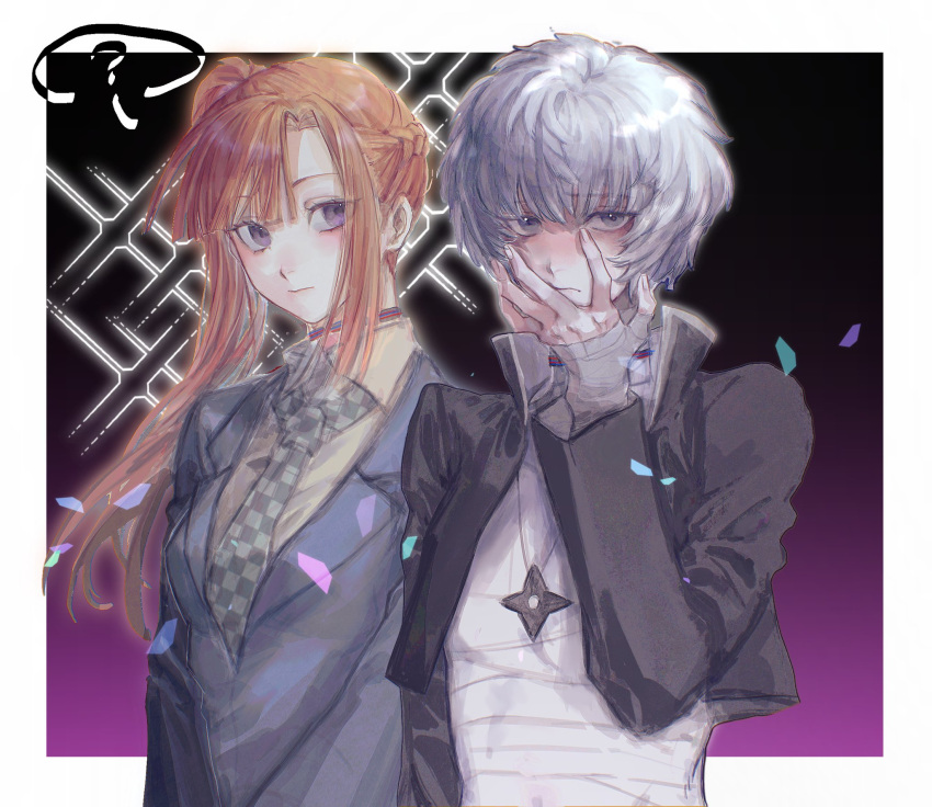 1boy, 1girl, ?, asymmetrical_bangs, bandaged_hand, bandaged_torso, bandages, black_jacket