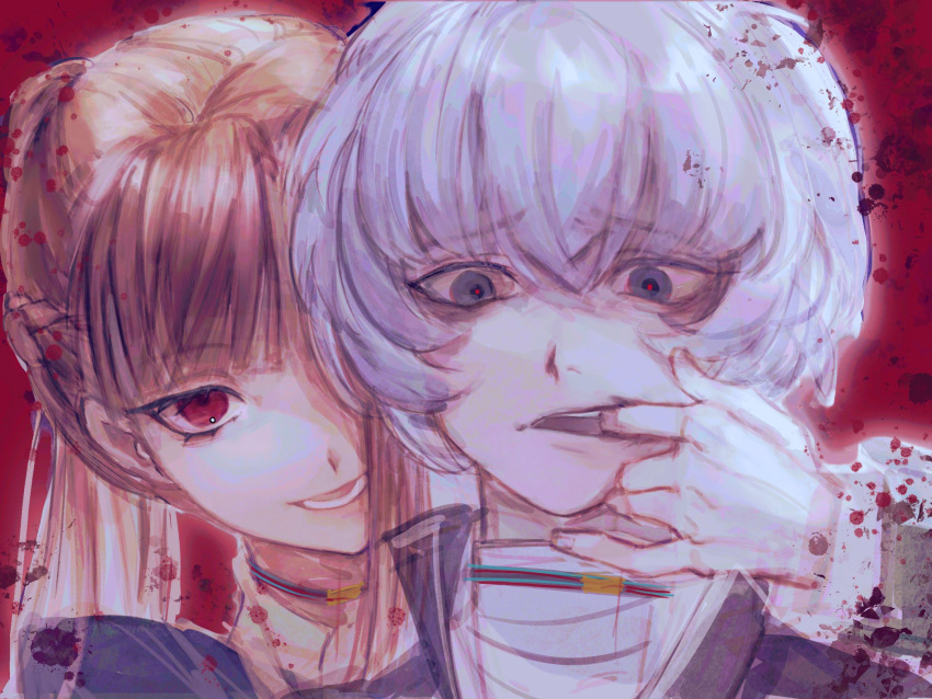 1boy, 1girl, asymmetrical_bangs, bandaged_hand, bandages, braid, chidouin_sara, grey_eyes
