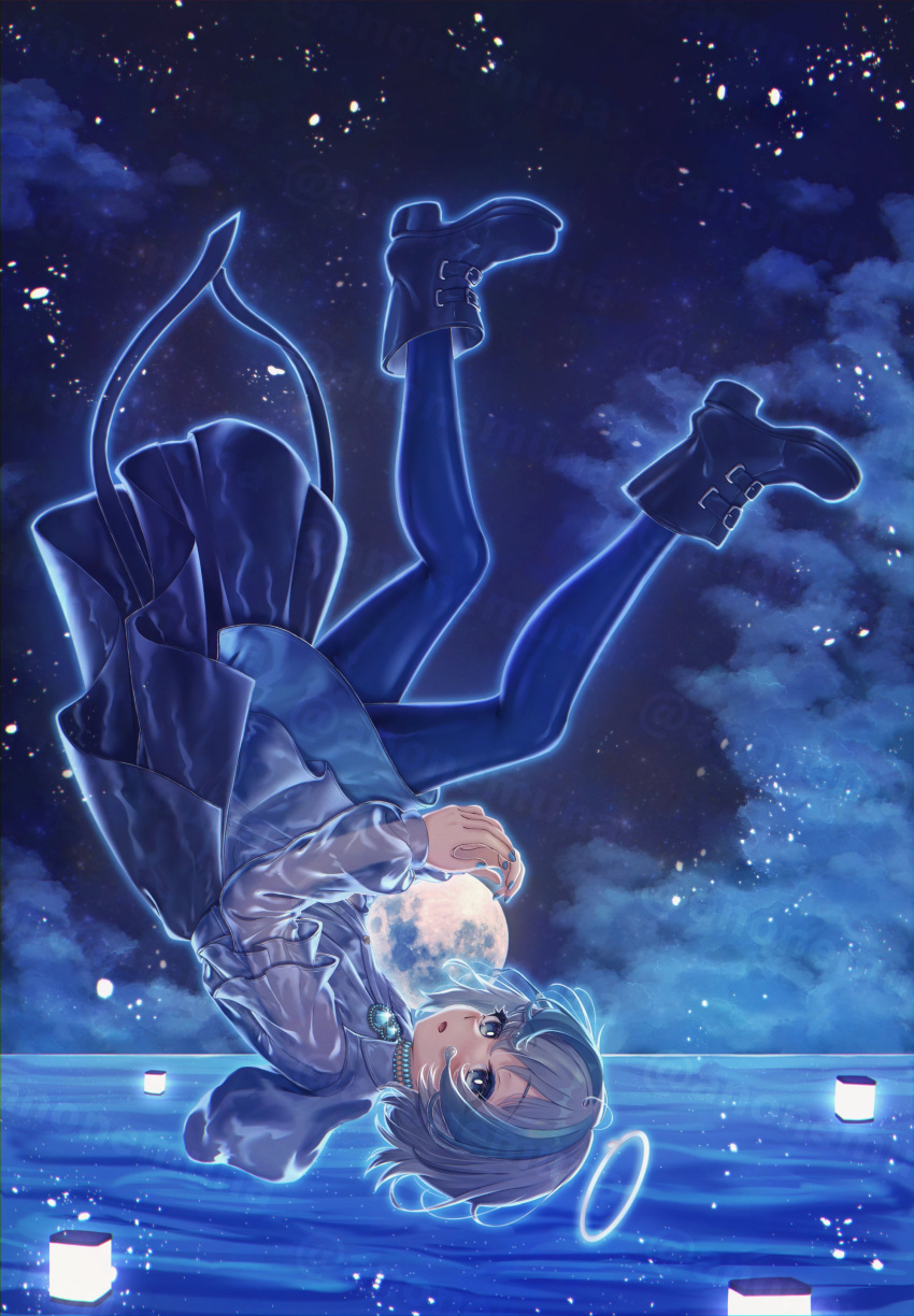 1girl, :o, absurdres, ankle_boots, anonemuna, black_shoes, blue_eyes, blue_hair