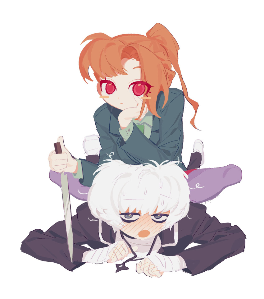 1boy, 1girl, absurdres, asymmetrical_bangs, bandaged_hand, bandages, black_jacket, black_pants