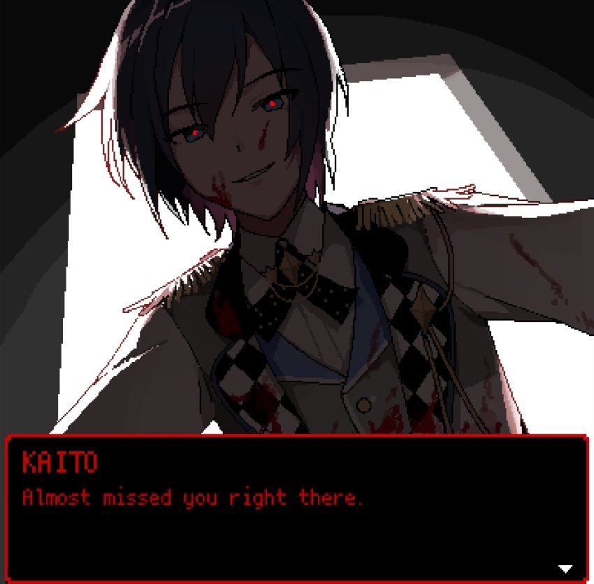 1boy, blood, blood_on_face, blue_eyes, blue_hair, commentary, doorway, dreamxiety, english_commentary, english_text, epaulettes, grey_vest, jacket, kaito, kaito_(vocaloid), male_focus, more_more_jump!_kaito, multicolored_jacket, pixel_art, pov, project_sekai, smile, solo, two-tone_jacket, upper_body, vest, vocaloid