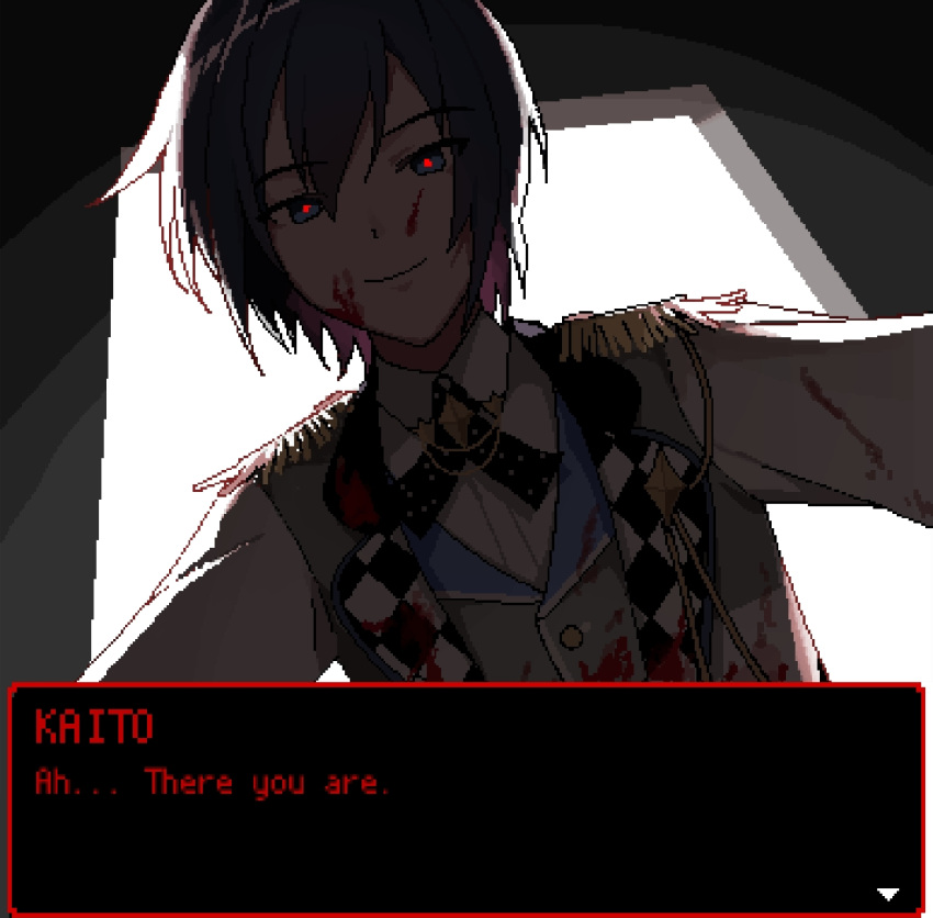 1boy, blood, blood_on_face, blue_eyes, blue_hair, commentary, doorway, dreamxiety