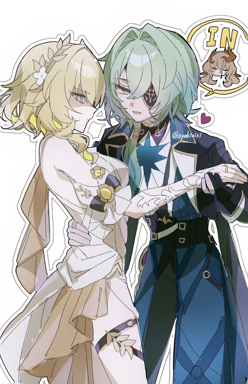 1boy, 1girl, aglaea_(honkai:_star_rail), anaxa_(honkai:_star_rail), ancient_greek_clothes, black_jacket, black_pants, blonde_hair