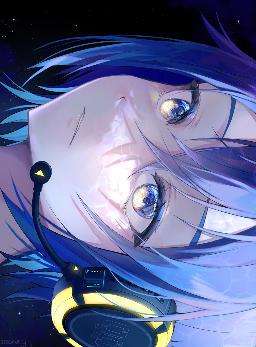 1boy, absurdres, black_background, blue_eyes, blue_hair, close-up, commentary, dreamxiety