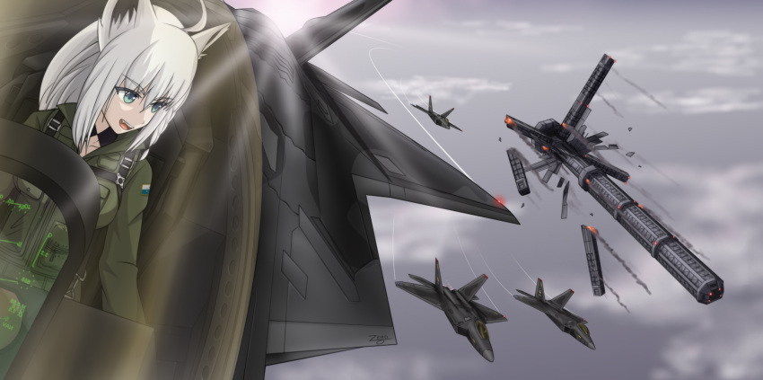 >:), 1girl, ace_combat, ace_combat_5, aerial_battle, ahoge, aircraft, airplane