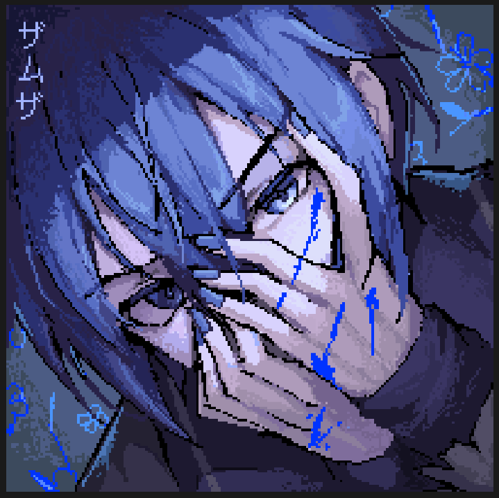 1boy, blue_eyes, blue_hair, blue_nails, dreamxiety, hands_on_own_face, kaito, kaito_(vocaloid)