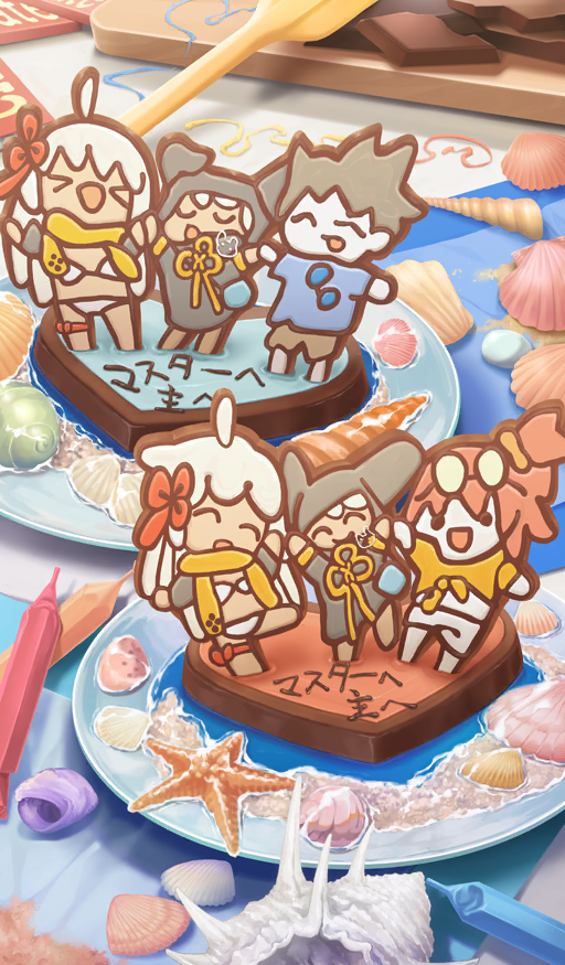 character-themed_food, child's_drawing, chocolate, clam_shell, commentary, conch, fate/grand_order, fate_(series), food, food_art, food_focus, fujimaru_ritsuka_(female), fujimaru_ritsuka_(female)_(tropical_summer), fujimaru_ritsuka_(male), fujimaru_ritsuka_(male)_(tropical_summer), heart, heart-shaped_food, inamine_youko, no_humans, official_art, okita_souji_(fate), okita_souji_alter_(swimsuit_saber)_(fate), okita_souji_alter_(swimsuit_saber)_(first_ascension)_(fate), plate, rengoku_(fate), rengoku_(first_ascension)_(fate), scallop, seashell, shell, starfish, still_life, third-party_source