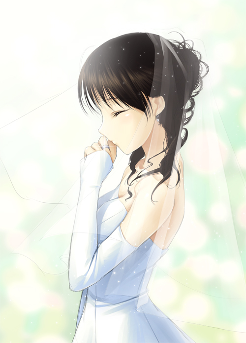 black_hair, bridal_gauntlets, bridal_veil, closed_eyes, dress, eyes_closed, jewelry, masirogohan